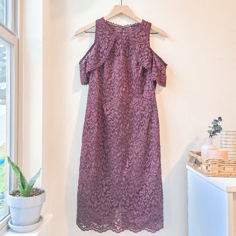 White House Black Market Cold-Shoulder Lace Sheath Dress in Cabernet